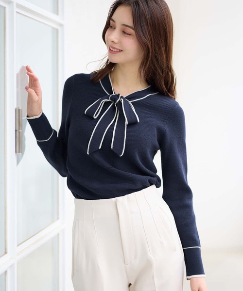 alotta（アロッタ）の「配色ボウタイニットトップス（ニット/セーター・レディース・アイボリー/ライトブルー/モカ/ネイビー・3L/L/LL/M）」の20枚目の写真