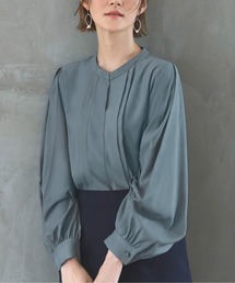 洗える ストレッチ | バンドカラータックブラウス | 長袖 ラウンドネック キーネック トップス 体型カバー オフィスカジュアル 通勤服 華やか ボリュームスリーブ ブラウス