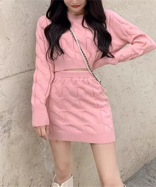 gossip！ロサンゼルス（ゴシップロサンゼルス）の「ケーブルニット セットアップ（ニット/セーター・レディース・グレー/ホワイト/ピンク/ライトブラウン・FREE）」の4枚目の写真