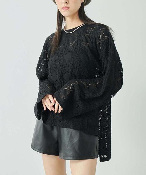 ANAP（アナップ）の「両サイドスリットレースロンT（Tシャツ/カットソー・レディース・ブラック/オフホワイト・FREE）」の2枚目の写真