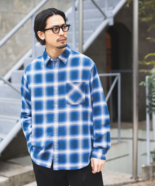 BEAMS シャツ　長袖　オンブレ　チェックシャツ Lサイズ ネイビー　ブルー BEAMS MEN｜オンブレチェック オープンカラー シャツ | Rakuten