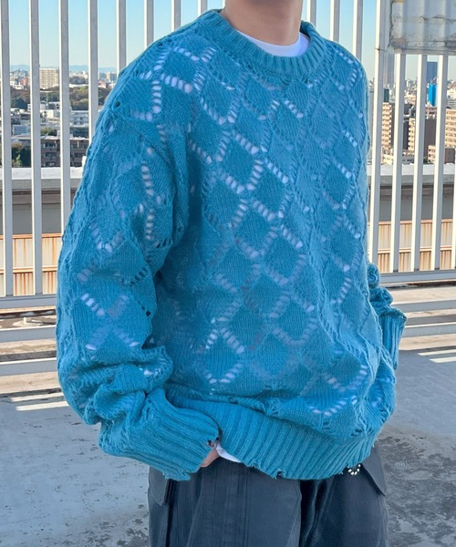 PICSAS（ピクサス）の「【PICSAS】ダメージメッシュクルーニット（ニット/セーター・メンズ・ライトブルー/ブラウン/グレー/ブラック・M/L）」の4枚目の写真