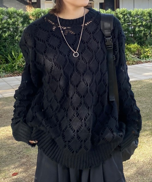 PICSAS（ピクサス）の「【PICSAS】ダメージメッシュクルーニット（ニット/セーター・メンズ・ライトブルー/ブラウン/グレー/ブラック・M/L）」の2枚目の写真