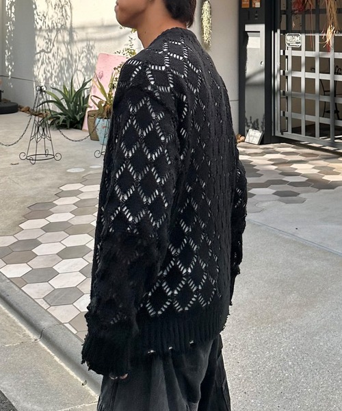 PICSAS（ピクサス）の「【PICSAS】ダメージメッシュクルーニット（ニット/セーター・メンズ・ライトブルー/ブラウン/グレー/ブラック・M/L）」の9枚目の写真