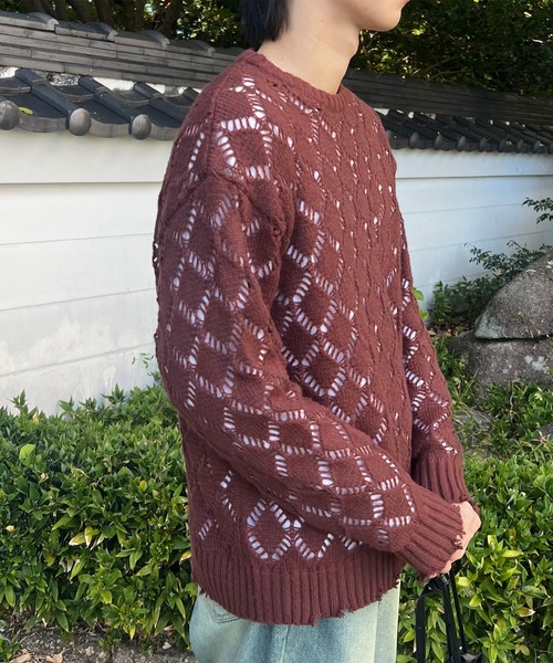 PICSAS（ピクサス）の「【PICSAS】ダメージメッシュクルーニット（ニット/セーター・メンズ・ライトブルー/ブラウン/グレー/ブラック・M/L）」の19枚目の写真