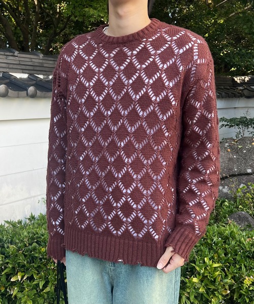 PICSAS（ピクサス）の「【PICSAS】ダメージメッシュクルーニット（ニット/セーター・メンズ・ライトブルー/ブラウン/グレー/ブラック・M/L）」の20枚目の写真