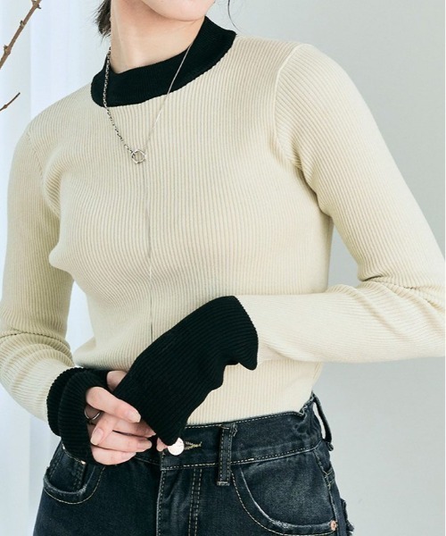 kirakiraShop(キラキラショップ)の「レイヤード風 指穴 配色 リブ ニット(ニット/セーター・レディース・ブルー/オレンジ/グリーン/ブラック系その他/アイボリー系・FREE)」の1枚目の写真