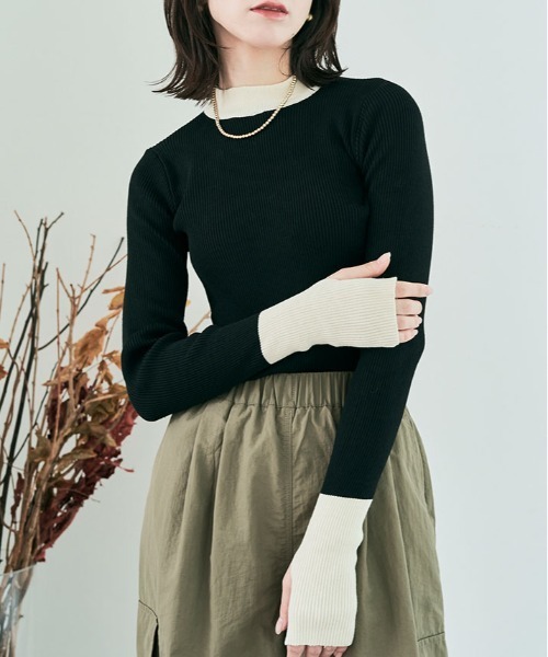 kirakiraShop(キラキラショップ)の「レイヤード風 指穴 配色 リブ ニット(ニット/セーター・レディース・ブルー/オレンジ/グリーン/ブラック系その他/アイボリー系・FREE)」の3枚目の写真