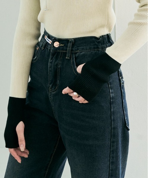 kirakiraShop(キラキラショップ)の「レイヤード風 指穴 配色 リブ ニット(ニット/セーター・レディース・ブルー/オレンジ/グリーン/ブラック系その他/アイボリー系・FREE)」の6枚目の写真