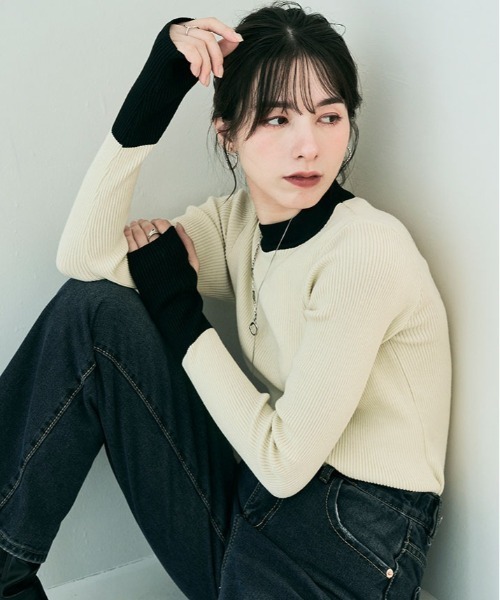 kirakiraShop(キラキラショップ)の「レイヤード風 指穴 配色 リブ ニット(ニット/セーター・レディース・ブルー/オレンジ/グリーン/ブラック系その他/アイボリー系・FREE)」の8枚目の写真