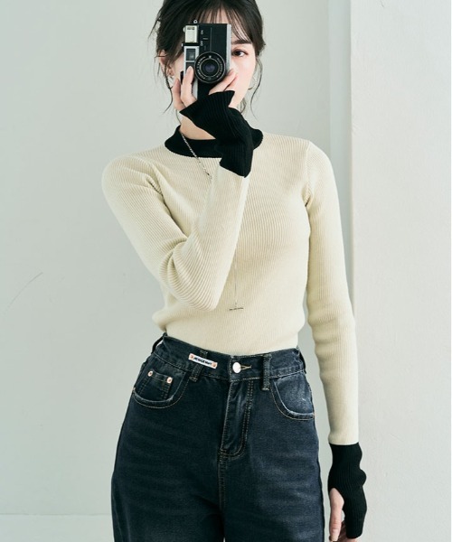 kirakiraShop(キラキラショップ)の「レイヤード風 指穴 配色 リブ ニット(ニット/セーター・レディース・ブルー/オレンジ/グリーン/ブラック系その他/アイボリー系・FREE)」の11枚目の写真