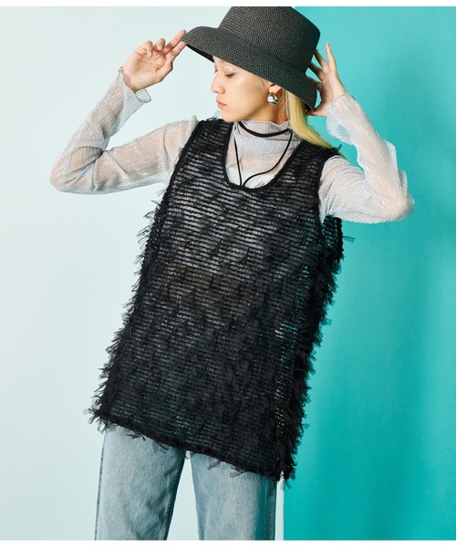 Settimissimo（セッティミッシモ）の「チュール フリンジ ジャガード ロープ付き ジレ ベスト（ベスト・レディース・アイボリー/ブラック・FREE）」の12枚目の写真