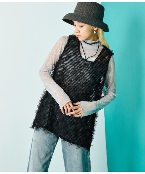 Settimissimo（セッティミッシモ）の「チュール フリンジ ジャガード ロープ付き ジレ ベスト（ベスト・レディース・アイボリー/ブラック・FREE）」の13枚目の写真