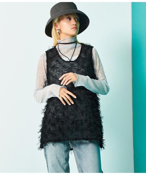 Settimissimo（セッティミッシモ）の「チュール フリンジ ジャガード ロープ付き ジレ ベスト（ベスト・レディース・アイボリー/ブラック・FREE）」の11枚目の写真