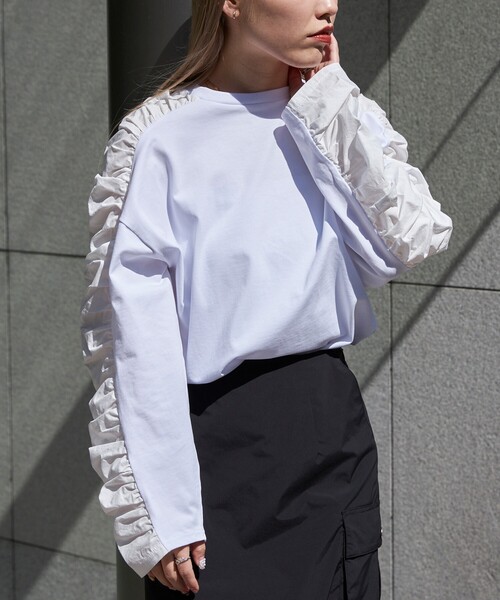 Firsthand（ファーストハンド）の「Firsthand/ファーストハンド オーガニックコットン天竺ギャザースリーブロンT（Tシャツ/カットソー・レディース・ブラック/ホワイト/ピンク・ﾌﾘ-）」の2枚目の写真