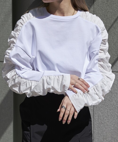 Firsthand（ファーストハンド）の「Firsthand/ファーストハンド オーガニックコットン天竺ギャザースリーブロンT（Tシャツ/カットソー・レディース・ブラック/ホワイト/ピンク・ﾌﾘ-）」の4枚目の写真