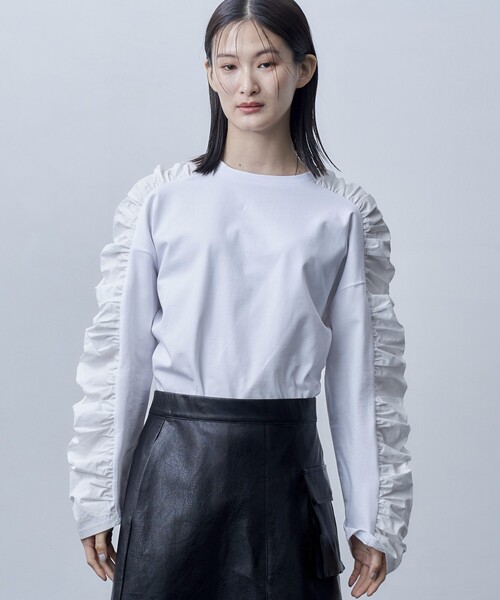 Firsthand（ファーストハンド）の「Firsthand/ファーストハンド オーガニックコットン天竺ギャザースリーブロンT（Tシャツ/カットソー・レディース・ブラック/ホワイト/ピンク・ﾌﾘ-）」の5枚目の写真