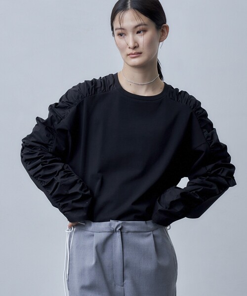 Firsthand（ファーストハンド）の「Firsthand/ファーストハンド オーガニックコットン天竺ギャザースリーブロンT（Tシャツ/カットソー・レディース・ブラック/ホワイト/ピンク・ﾌﾘ-）」の6枚目の写真