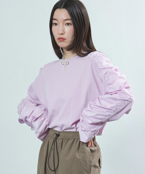 Firsthand（ファーストハンド）の「Firsthand/ファーストハンド オーガニックコットン天竺ギャザースリーブロンT（Tシャツ/カットソー・レディース・ブラック/ホワイト/ピンク・ﾌﾘ-）」の3枚目の写真