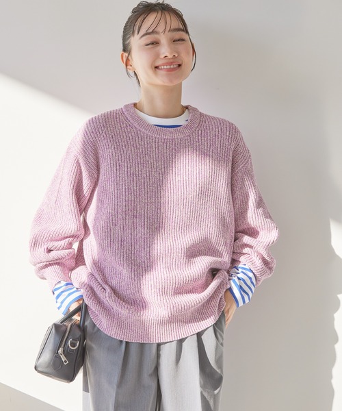 美品 ビアズリー ウール混 ハイネック ざっくり片畦ニット ◆ピンク 美品 ビアズリー ウール混 ハイネック ざっくり片畦ニット ◇ピンク