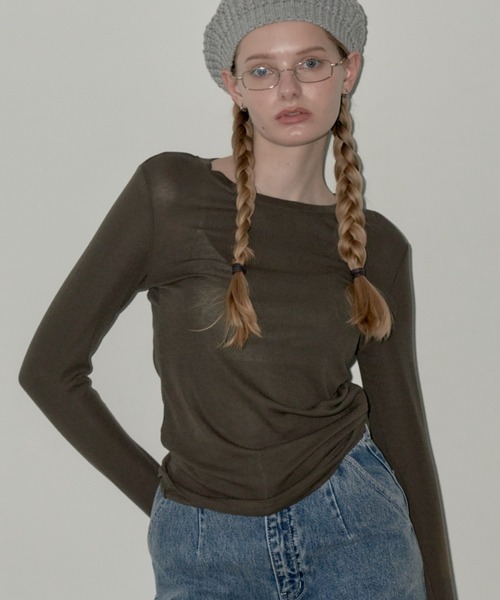 GIUNON（ジウノン）の「stretch sheer tops / ストレッチシアートップス（Tシャツ/カットソー・レディース・カーキ/ブルー/アイボリー・FREE）」の3枚目の写真