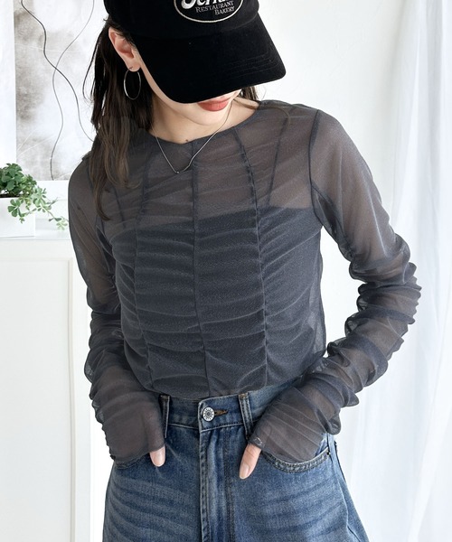 セール】大人フェミニン。前後2way ラメチュールギャザートップス（T