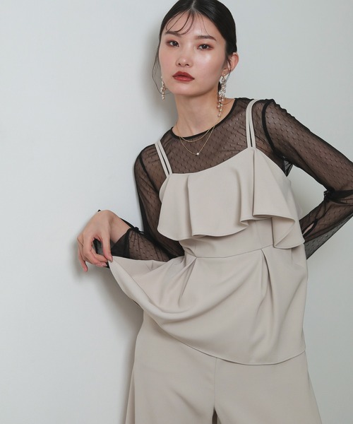 Kana（カナ）の「フリル パンツドレス ダブルストラップ オールインワン ワイドパンツ  パーティー ドレス 結婚式 お呼ばれ オケージョン（パンツドレス・レディース・ブラック/グレー系その他/チャコールグレー・M）」の3枚目の写真