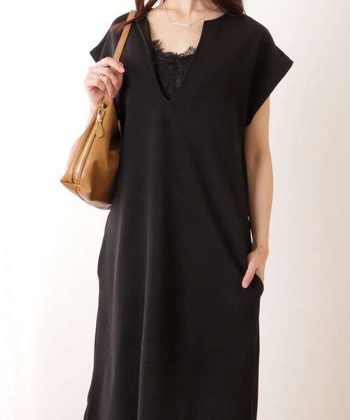 Mサイズ✭ワンピース 半袖 ブラック セール】深Vネック サイドスリット 半袖 マキシ ワンピース