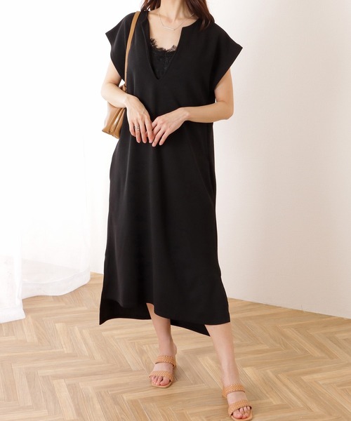 デニムワンピース Vネック ルーズ カジュアル サイドスリット SLY | V NECK DENIM ショートワンピース (ワンピース(ミニ