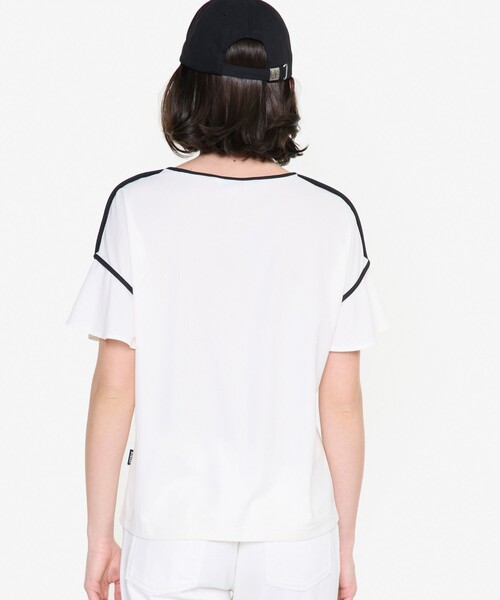 AIGLE(エーグル)の「接触冷感 吸水速乾 ワンポイントロゴ ピスネーム ボートネック パフスリーブ半袖Tシャツ(Tシャツ/カットソー・レディース・ホワイト/オレンジ/ブラック・S/L/M/XS)」の6枚目の写真