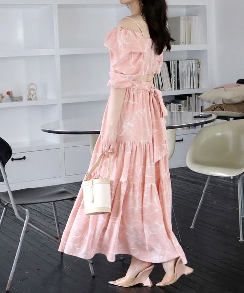 【Lサイズ】ロイヤルブルー　ラインストーン　ピンク花柄ワンピース　ドレスg014 Lサイズ】ロイヤルブルー ラインストーン ピンク花柄ワンピース