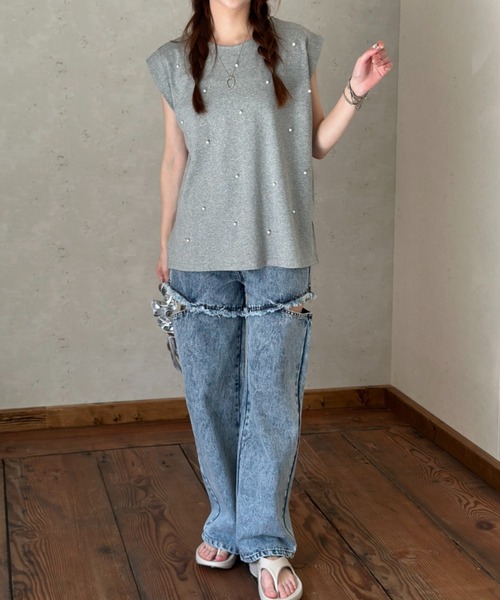 Per sist ence(パーシエンス)の「パール・シルバービーズ ノースリーブトップス(タンクトップ・レディース・ブラック/オフホワイト/グレー/チャコールグレー・FREE)」の7枚目の写真