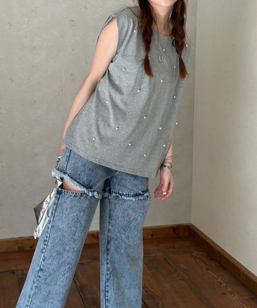 Per sist ence(パーシエンス)の「パール・シルバービーズ ノースリーブトップス(タンクトップ・レディース・ブラック/オフホワイト/グレー/チャコールグレー・FREE)」の14枚目の写真