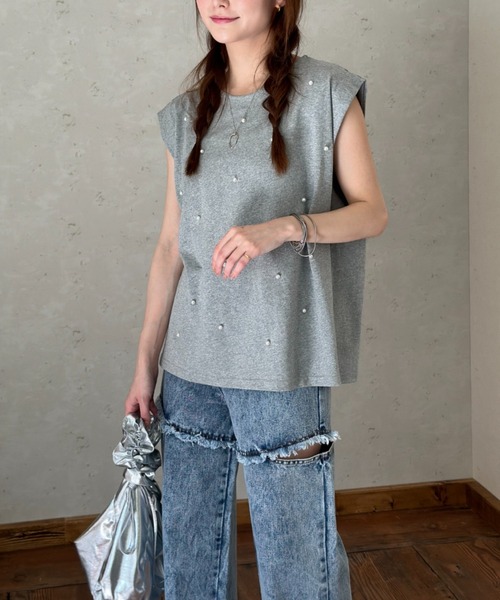 Per sist ence(パーシエンス)の「パール・シルバービーズ ノースリーブトップス(タンクトップ・レディース・ブラック/オフホワイト/グレー/チャコールグレー・FREE)」の17枚目の写真