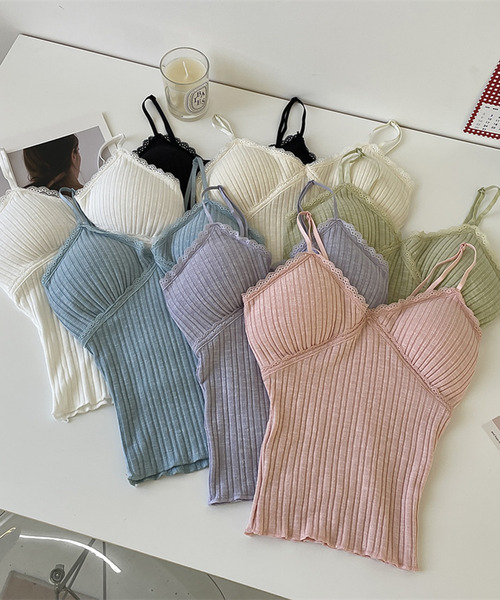 Girly Doll(ガーリードール)の「カップ付き フリルリブキャミソール(キャミソール・レディース・グリーン/ピンク/ベージュ/パープル/アイボリー/ブラック/ブルー・F)」の13枚目の写真