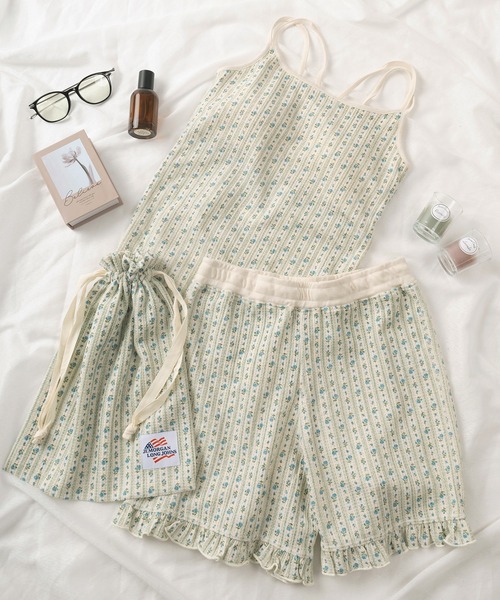 【セール】【JEMORGAN/ジェーイーモーガン】フラワー総柄 ワッフル生地 ルームウェア キャミソール＆フリルショーツ セットアップ(キャミソール×ショートパンツ×ポーチ)/巾着付き（ルームウェア/パジャマ）｜JEMORGAN（ジェーイーモーガン） 5,841円