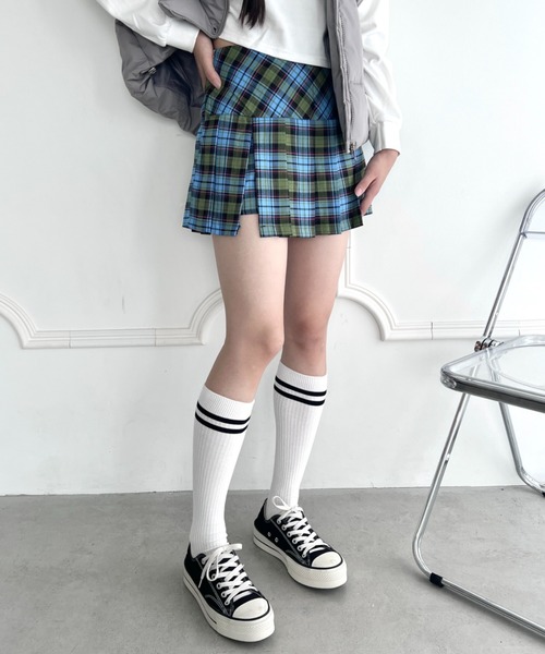 セール】サイドスリットチェックプリーツミニスカパン（スカート