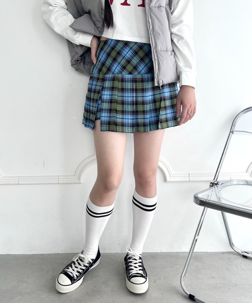 セール】サイドスリットチェックプリーツミニスカパン（スカート