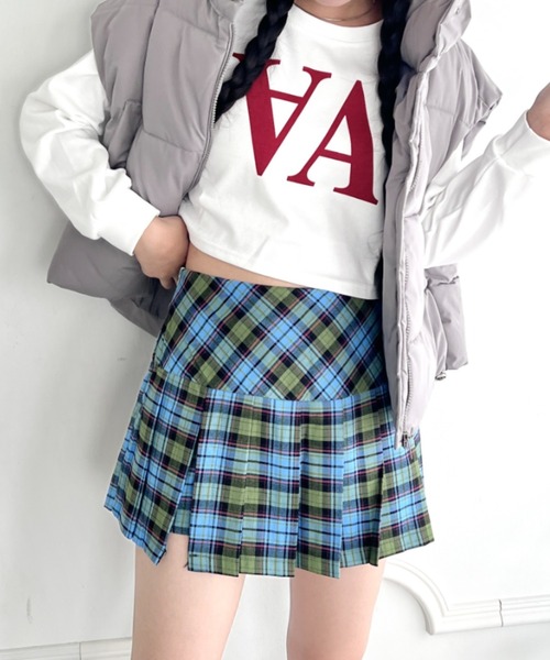 セール】サイドスリットチェックプリーツミニスカパン（スカート