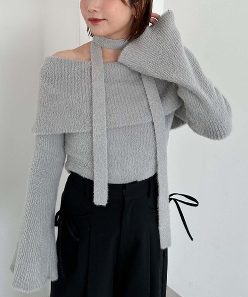 archives（アルシーヴ）の「チョーカーオフショルフェザーニット（ニット/セーター・レディース・グレー/ピンクベージュ/アイボリー/ブラウン・MEDIUM）」の12枚目の写真