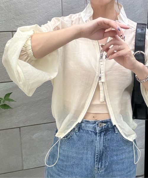 y/m by misato（イムバイミサト）の「シアーＷジップブルゾン（ブルゾン・レディース・アイボリー/ブラック/カーキ・FREE）」の6枚目の写真