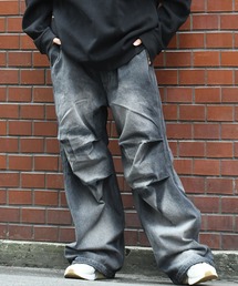 vintage like spray Discharge printing loose fit denim pants/ヴィンテージ ライク スプレー 抜染加工 ルーズフィット デニムパンツ