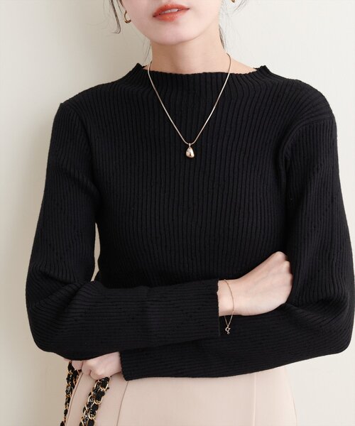 春！最終90%オフ クチネリ　カシミアシルク 黒 上品　フリル付きニット　M ダイヤ柄プチハイリブニット（ニット/セーター）｜natural