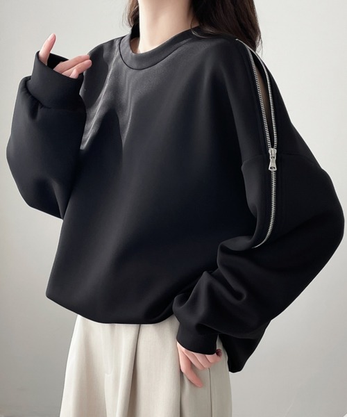 ABITOKYO(アビトーキョー)の「ショルダージップ段ボールスウェットプルオーバー(スウェット・レディース・ブラウン/アイボリー/ブラック・XL/M/L)」の2枚目の写真