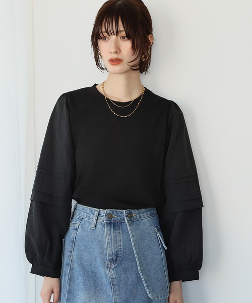 ボリュームスリーブカットドッキングプルオーバー セール】異素材ドッキングボリュームスリーブプルオーバー（Tシャツ