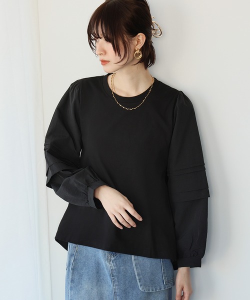 Ampirula(アンピルーラ)の「異素材ドッキングボリュームスリーブプルオーバー(Tシャツ/カットソー・レディース・ホワイト/ブラック・FREE)」の6枚目の写真