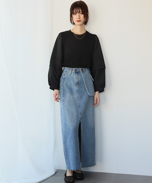 Ampirula(アンピルーラ)の「異素材ドッキングボリュームスリーブプルオーバー(Tシャツ/カットソー・レディース・ホワイト/ブラック・FREE)」の8枚目の写真