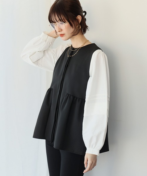 Ampirula(アンピルーラ)の「異素材ドッキングボリュームスリーブプルオーバー(Tシャツ/カットソー・レディース・ホワイト/ブラック・FREE)」の9枚目の写真