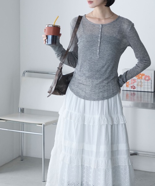 forksy.（フォルクシー）の「【forksy.】シアーリブ ヘンリーネック ロングTシャツ（Tシャツ/カットソー・レディース・ピンク/アイボリー/ブラック/杢グレー・FREE）」の3枚目の写真