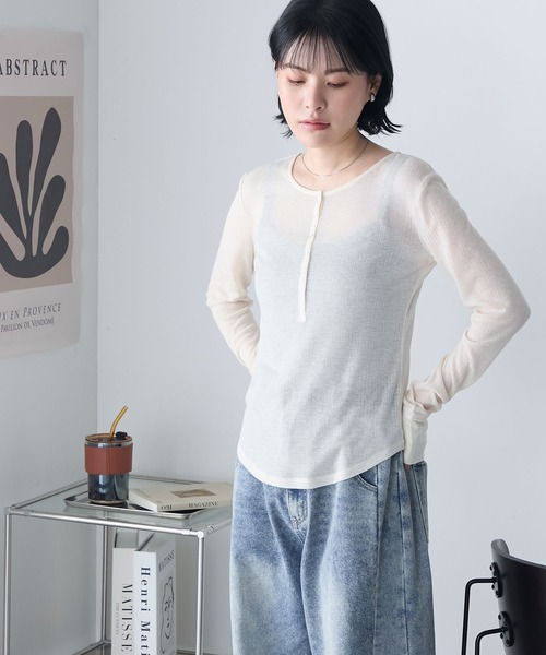 forksy.（フォルクシー）の「【forksy.】シアーリブ ヘンリーネック ロングTシャツ（Tシャツ/カットソー・レディース・ピンク/アイボリー/ブラック/杢グレー・FREE）」の6枚目の写真